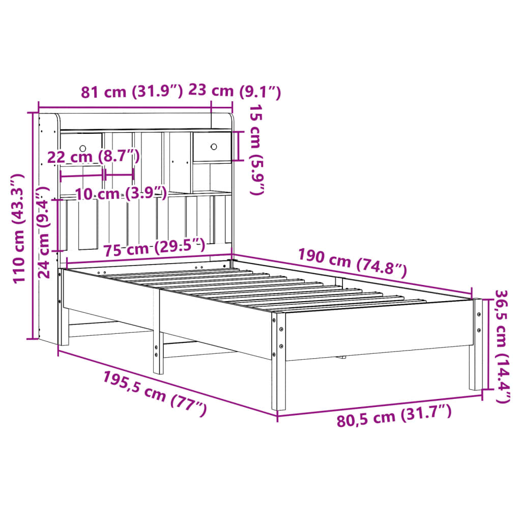 Seng med bokhylle uten madrass 75x190 cm heltre furu