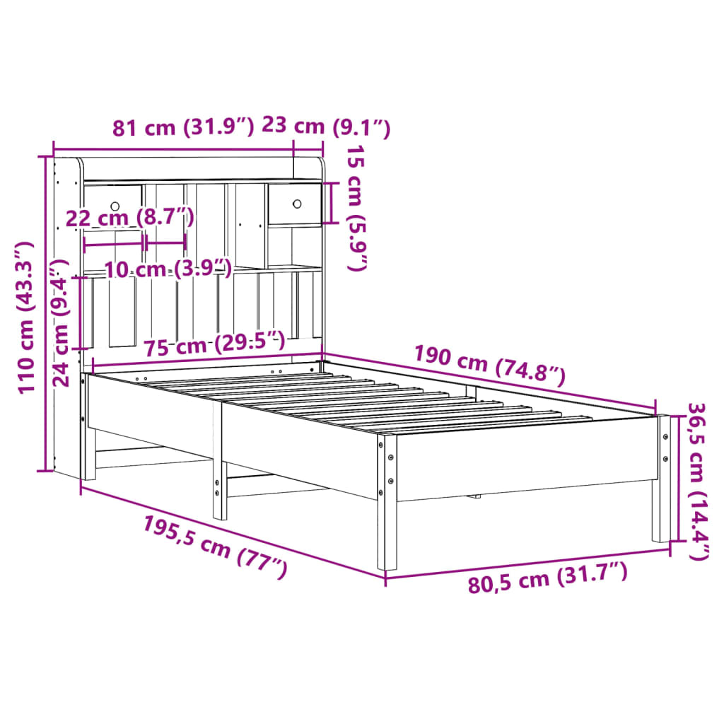 Seng med bokhylle uten madrass hvit 75x190 cm heltre furu