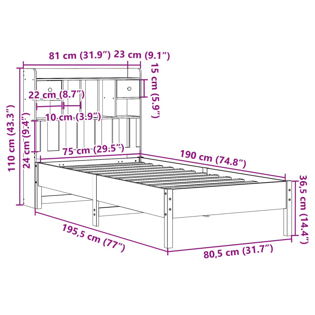 Seng med bokhylle uten madrass voksbrun 75x190 cm heltre furu