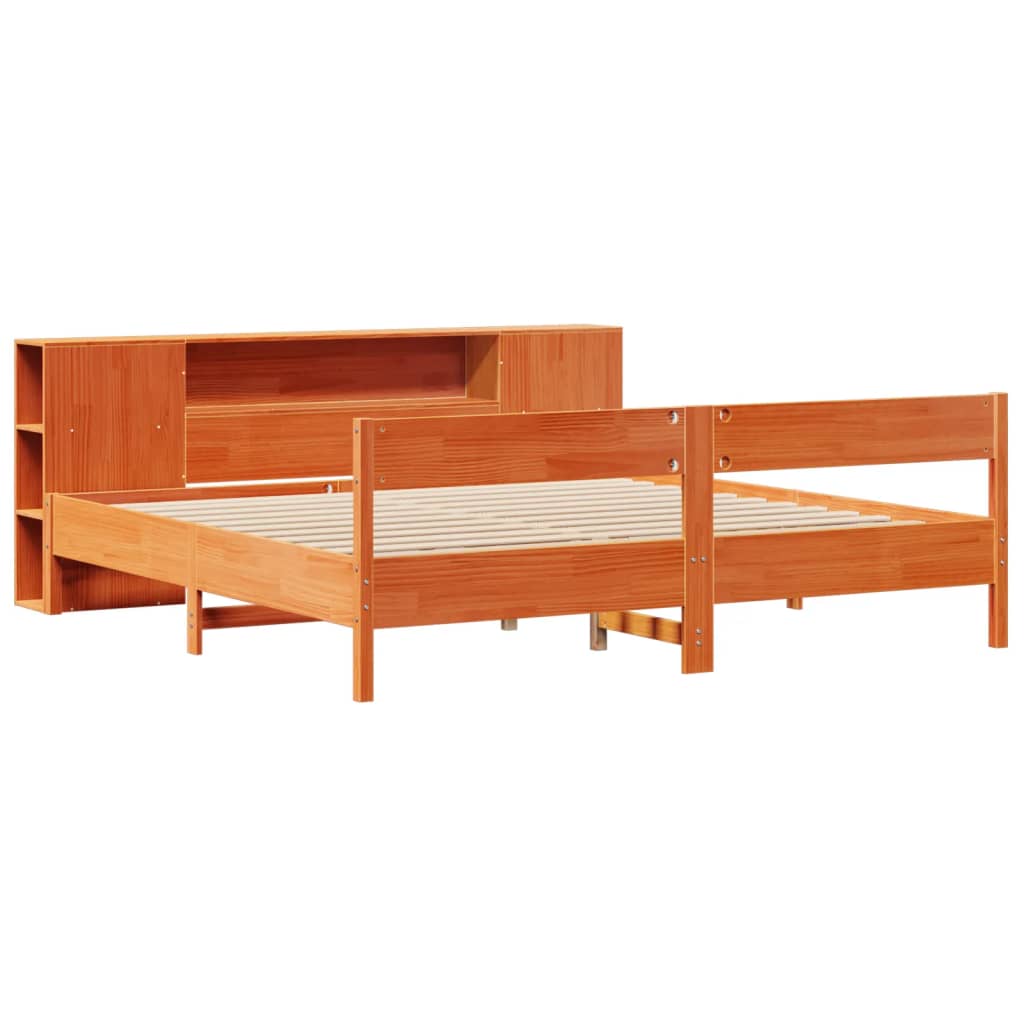 Seng med bokhylle uten madrass voksbrun 200x200 cm heltre furu
