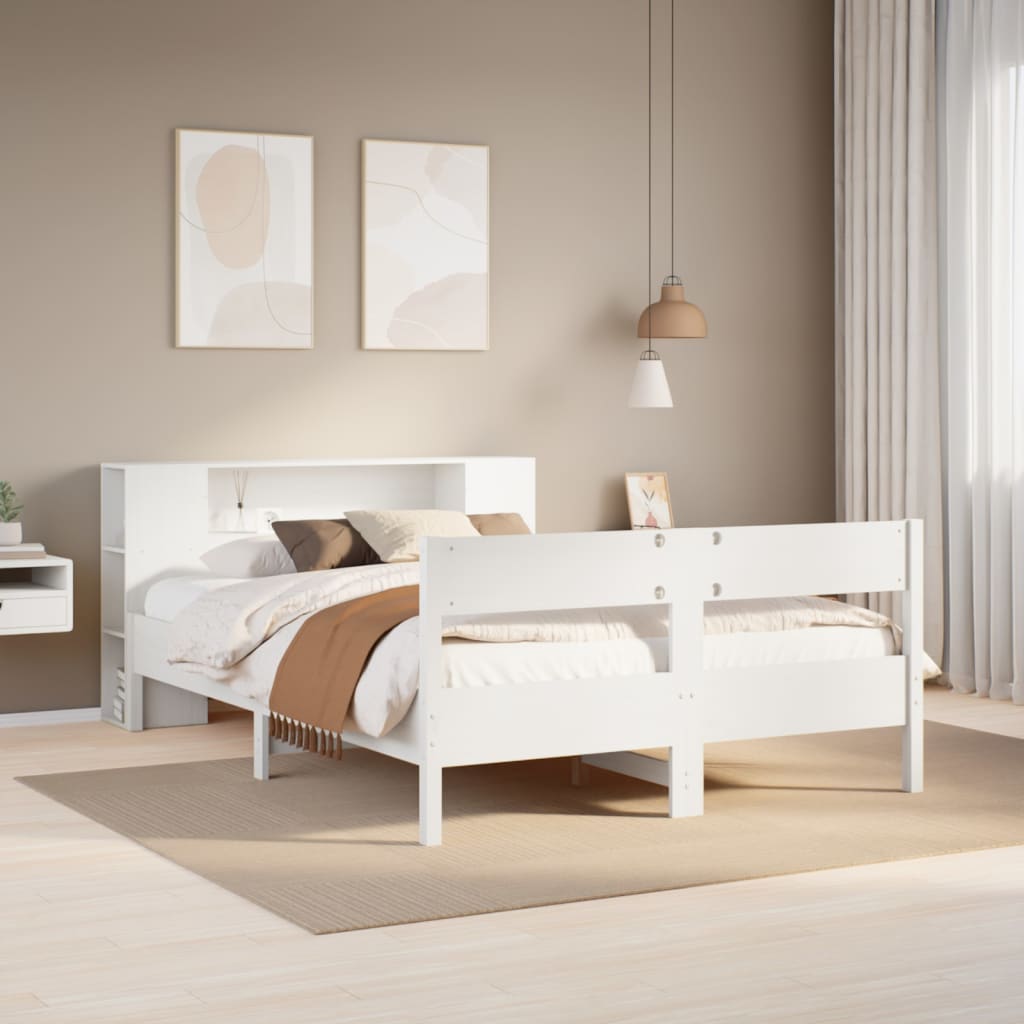 Seng med bokhylle uten madrass hvit 150x200 cm heltre furu