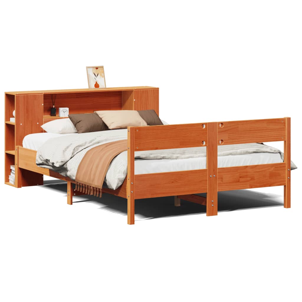 Seng med bokhylle uten madrass voksbrun 150x200 cm heltre furu