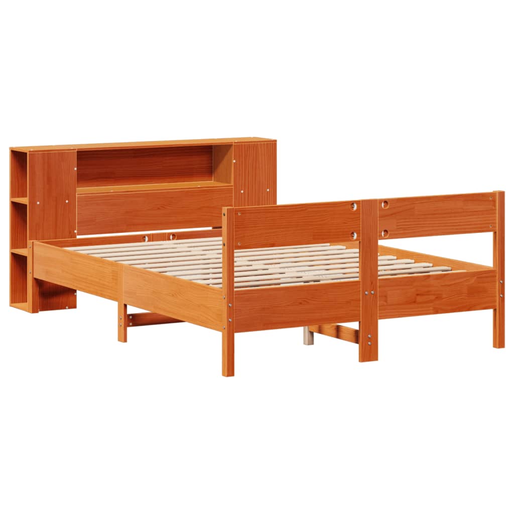 Seng med bokhylle uten madrass voksbrun 150x200 cm heltre furu