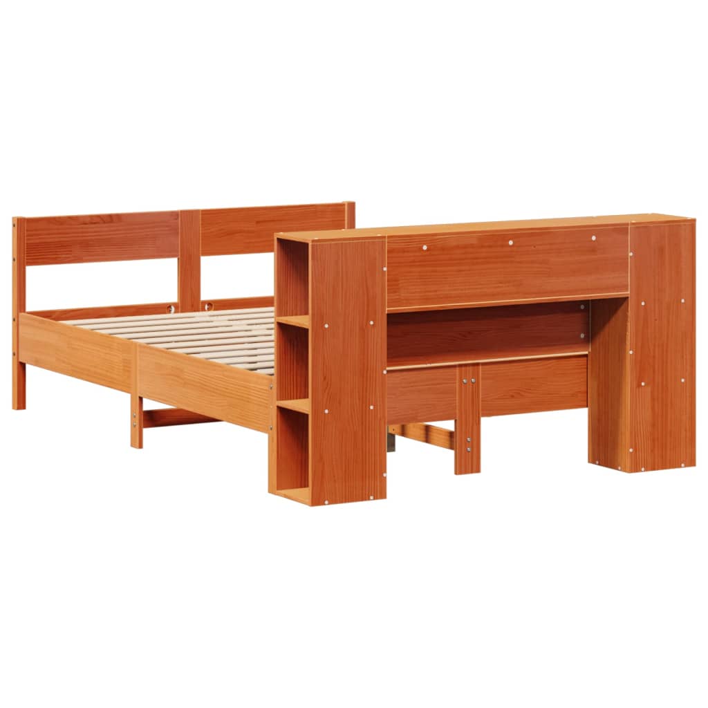 Seng med bokhylle uten madrass voksbrun 150x200 cm heltre furu