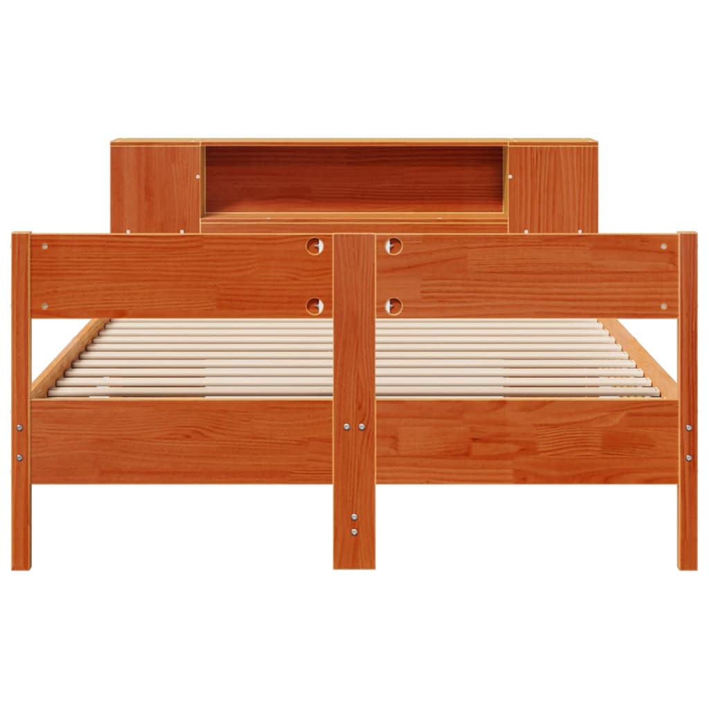 Seng med bokhylle uten madrass voksbrun 140x200 cm heltre furu