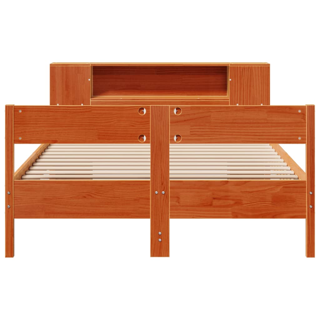Seng med bokhylle uten madrass voksbrun 140x190 cm heltre furu