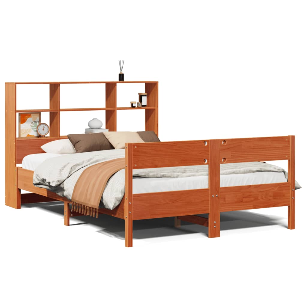 Seng med bokhylle uten madrass voksbrun 120x200 cm heltre furu
