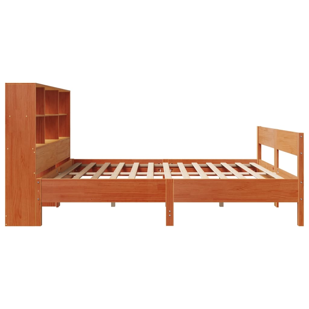 Seng med bokhylle uten madrass voksbrun 140x190 cm heltre furu