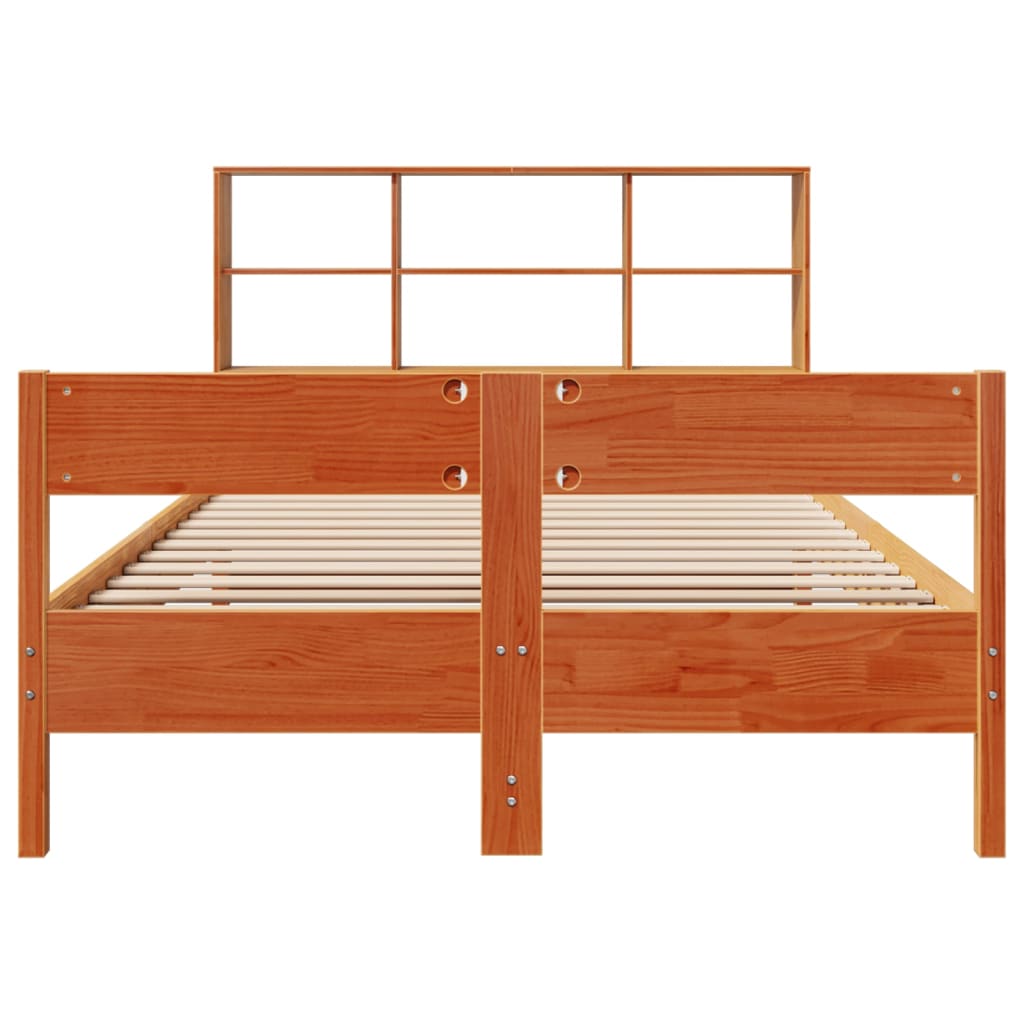 Seng med bokhylle uten madrass voksbrun 135x190 cm heltre furu