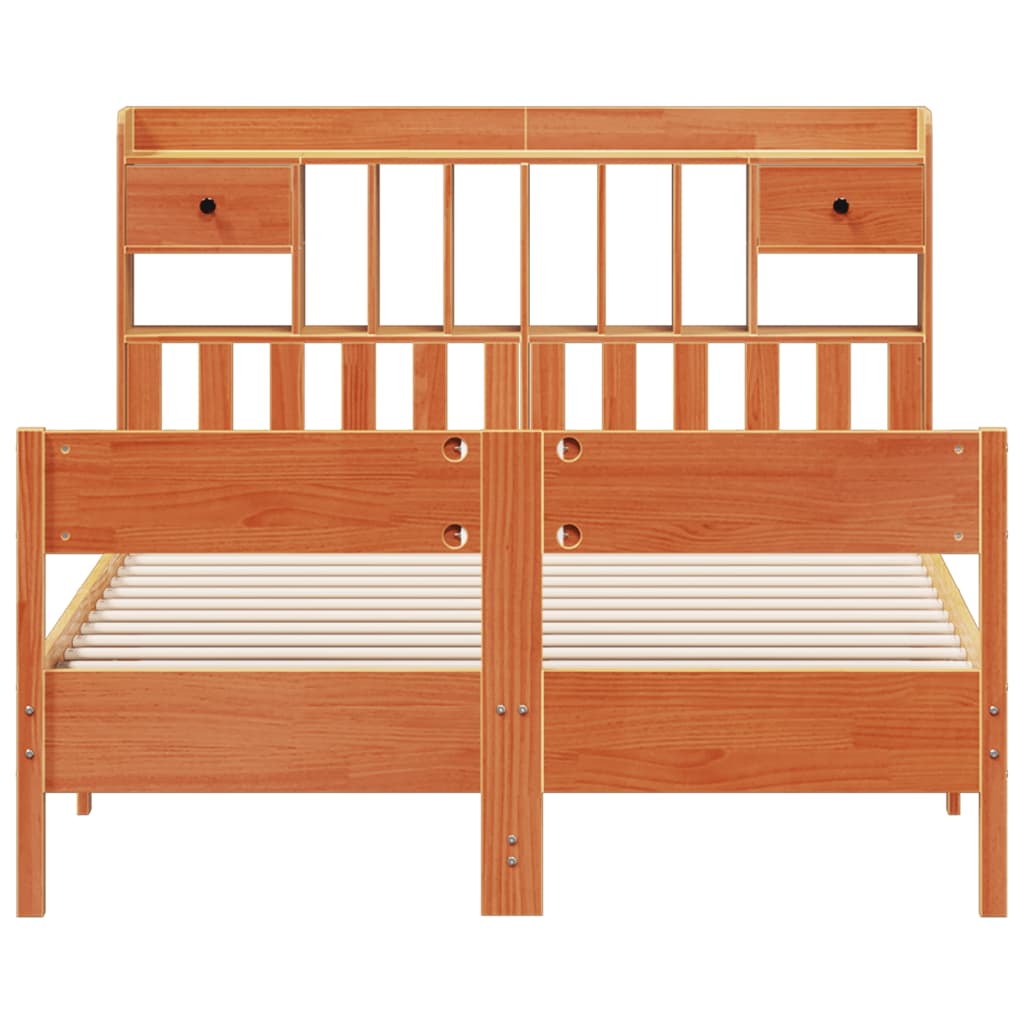 Seng med bokhylle uten madrass voksbrun 160x200 cm heltre furu