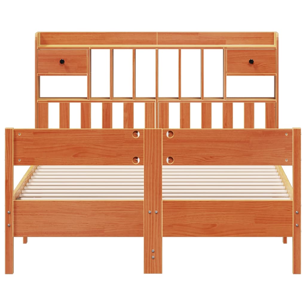 Seng med bokhylle uten madrass voksbrun 150x200 cm heltre furu