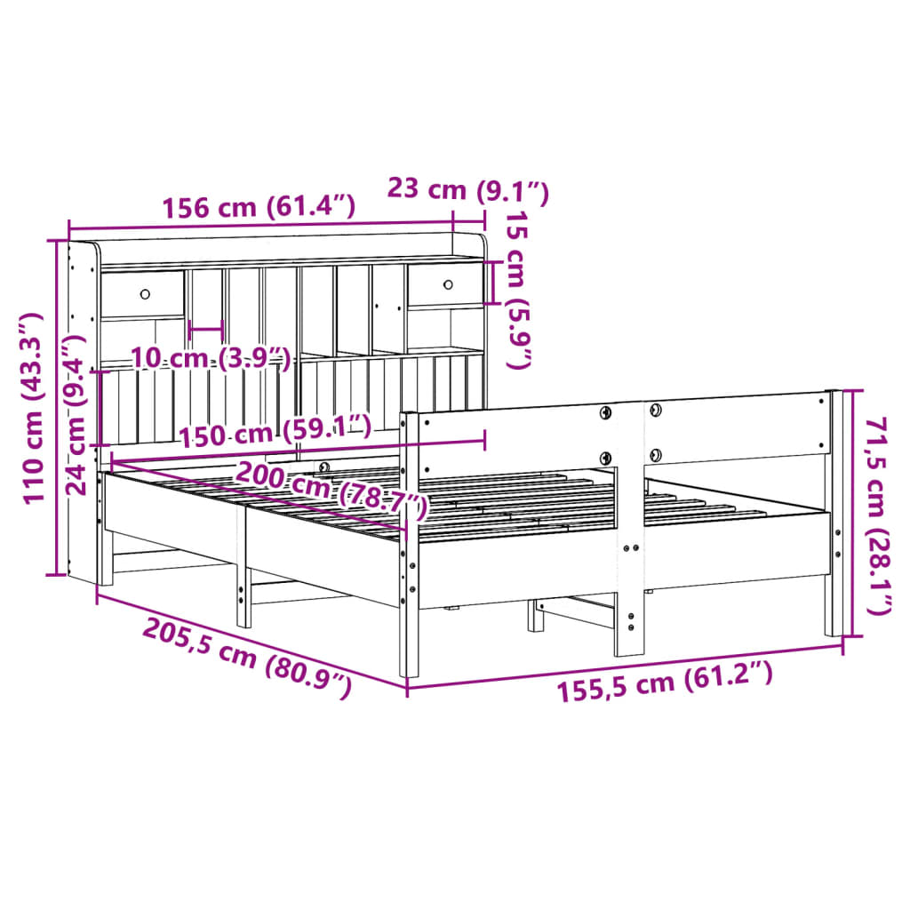 Seng med bokhylle uten madrass voksbrun 150x200 cm heltre furu
