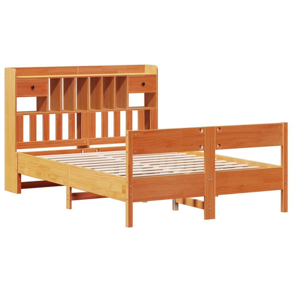 Seng med bokhylle uten madrass voksbrun 140x200 cm heltre furu