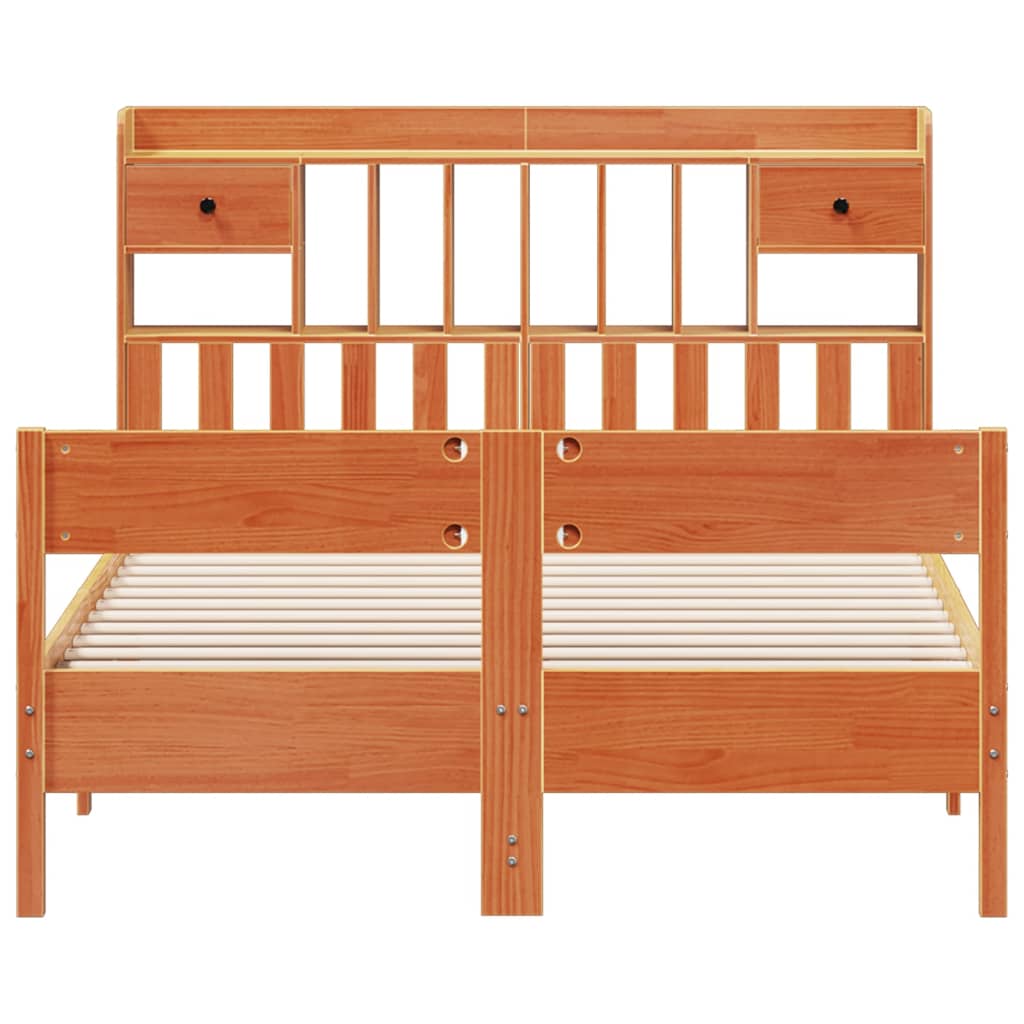 Seng med bokhylle uten madrass voksbrun 140x200 cm heltre furu