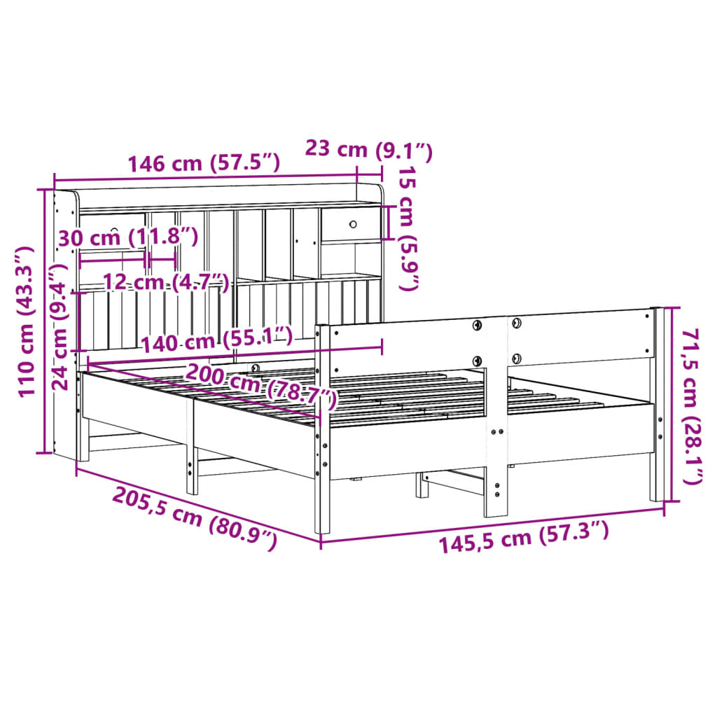 Seng med bokhylle uten madrass voksbrun 140x200 cm heltre furu