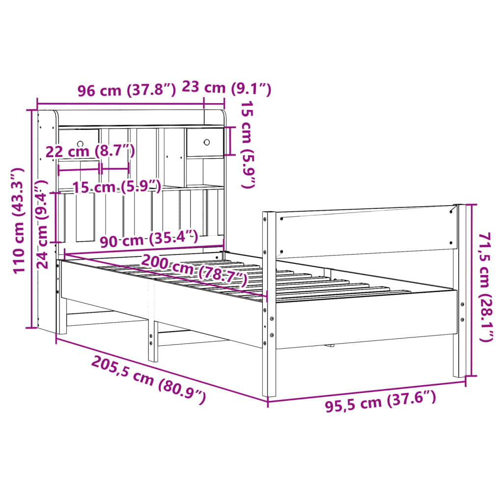 Seng med bokhylle uten madrass 90x200 cm heltre furu