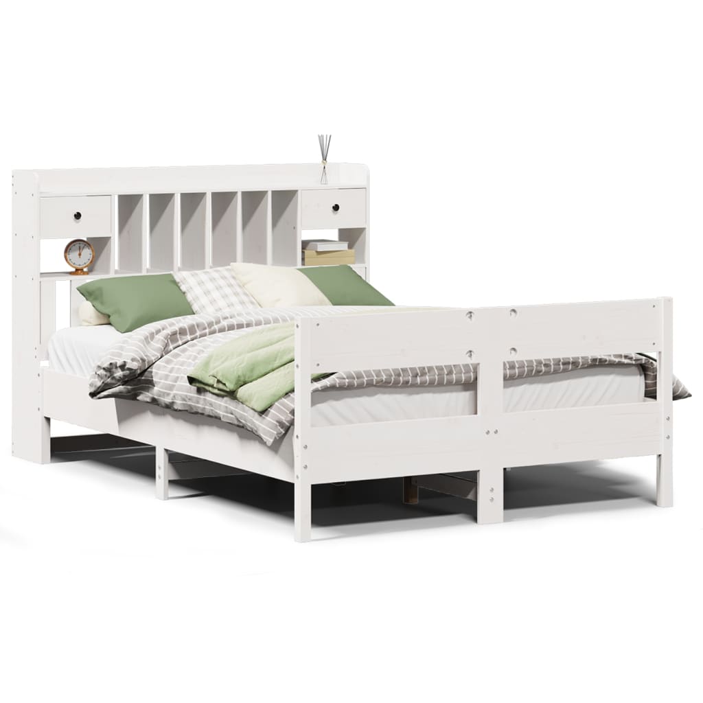 Seng med bokhylle uten madrass hvit 140x190 cm heltre furu