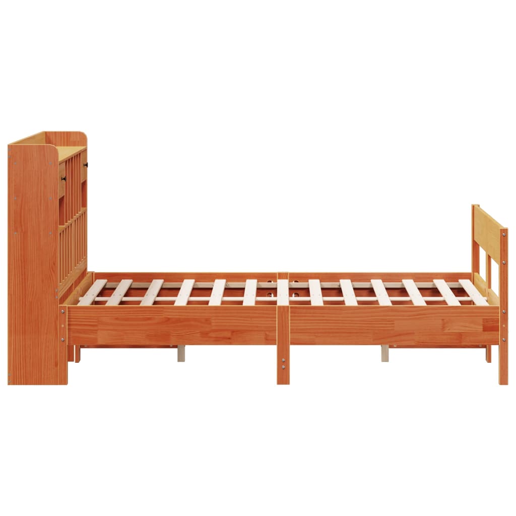 Seng med bokhylle uten madrass voksbrun 135x190 cm heltre furu