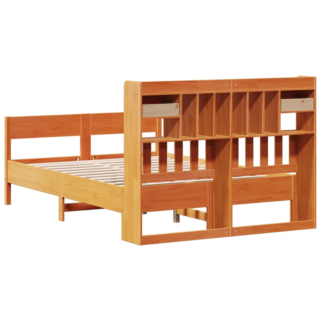 Seng med bokhylle uten madrass voksbrun 135x190 cm heltre furu