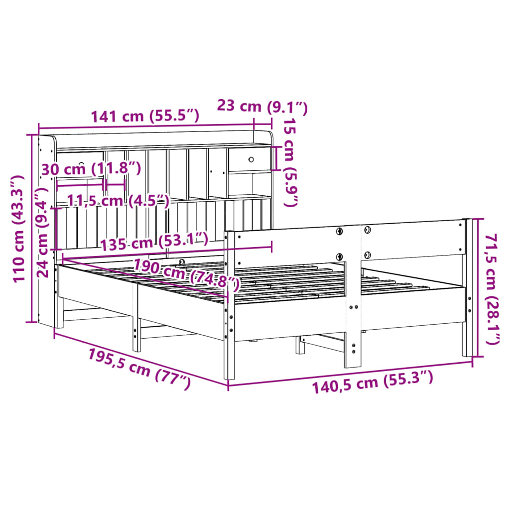 Seng med bokhylle uten madrass voksbrun 135x190 cm heltre furu