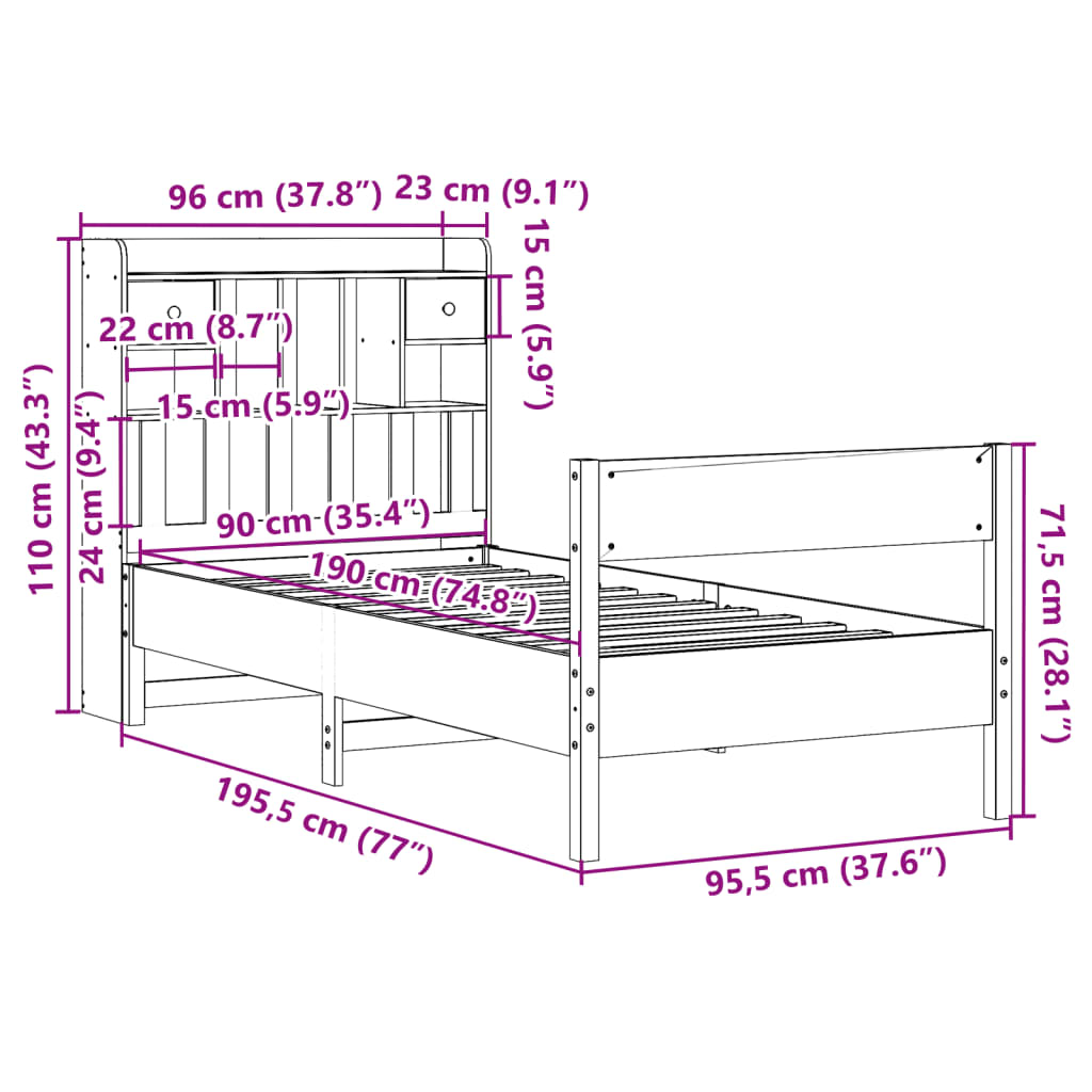 Seng med bokhylle uten madrass hvit 90x190 cm heltre furu