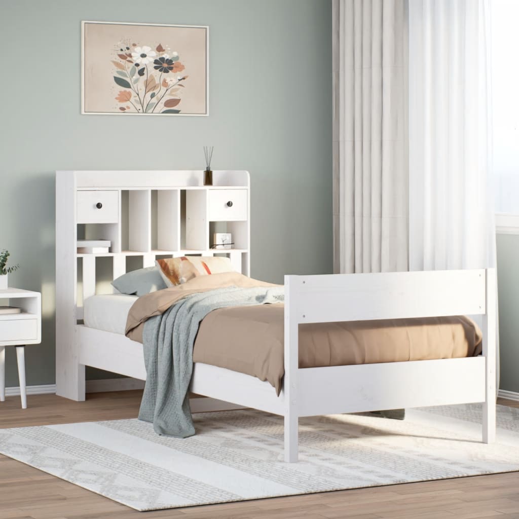 Seng med bokhylle uten madrass hvit 90x190 cm heltre furu