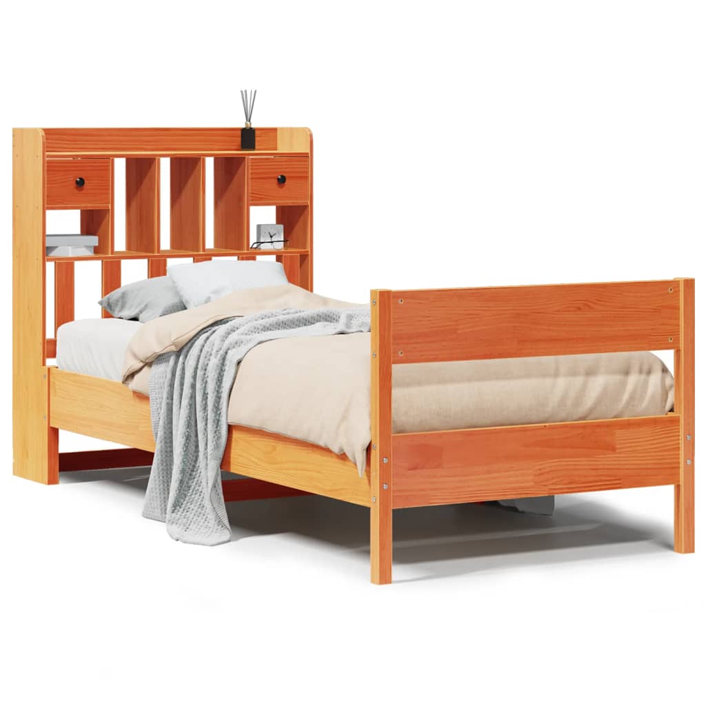 Seng med bokhylle uten madrass voksbrun 75x190 cm heltre furu