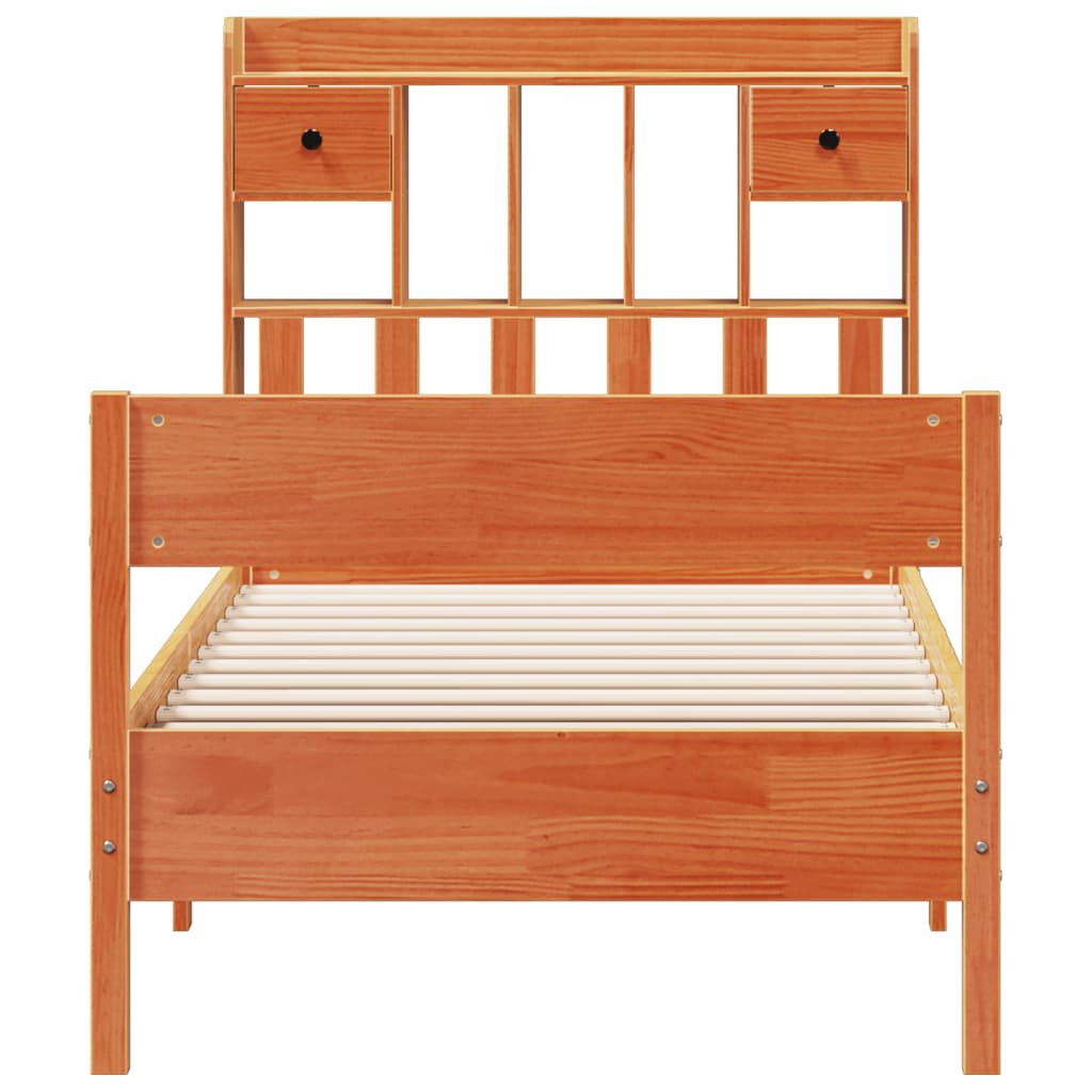Seng med bokhylle uten madrass voksbrun 75x190 cm heltre furu
