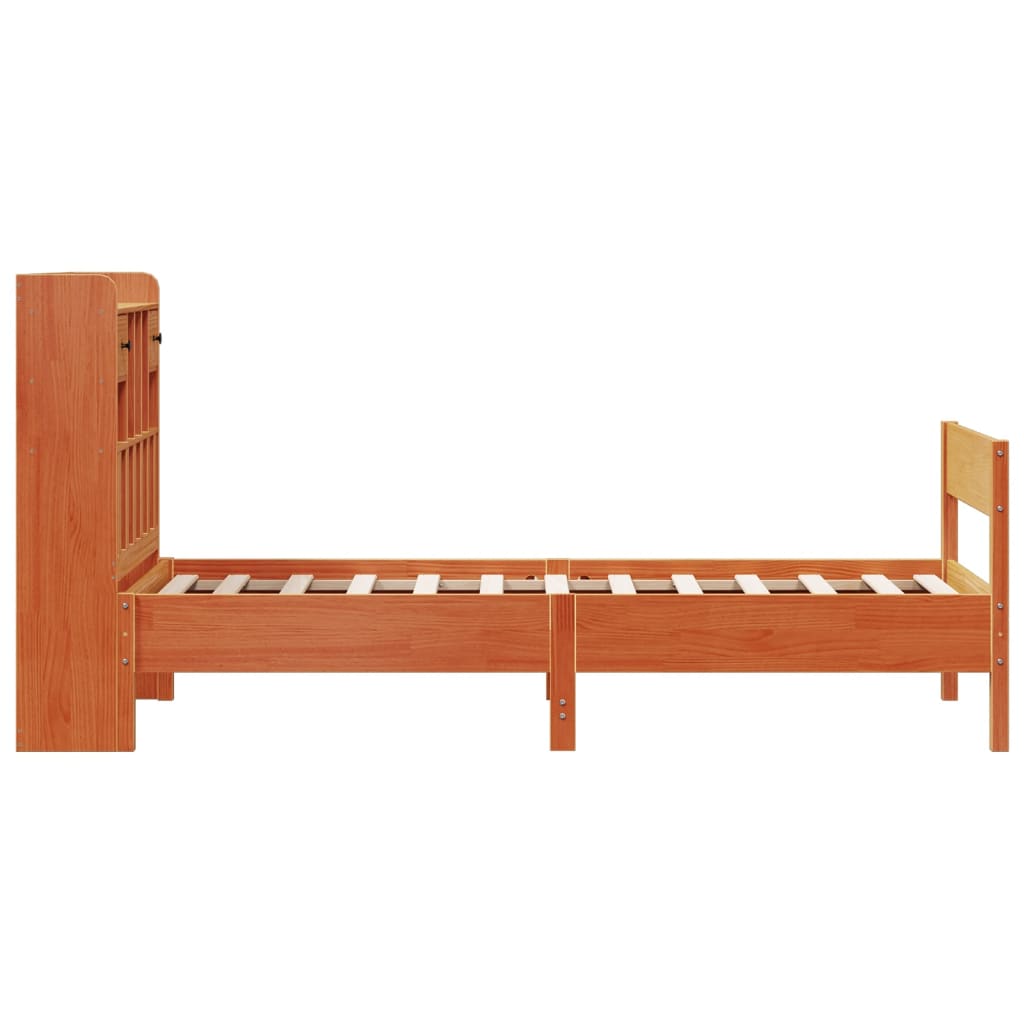 Seng med bokhylle uten madrass voksbrun 75x190 cm heltre furu