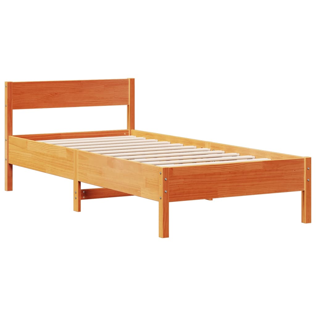 Seng med bokhylle uten madrass voksbrun 75x190 cm heltre furu