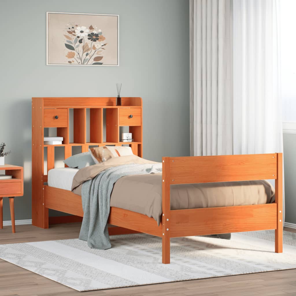 Seng med bokhylle uten madrass voksbrun 75x190 cm heltre furu