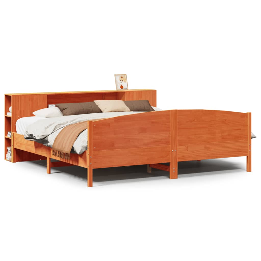 Seng med bokhylle uten madrass voksbrun 200x200 cm heltre furu