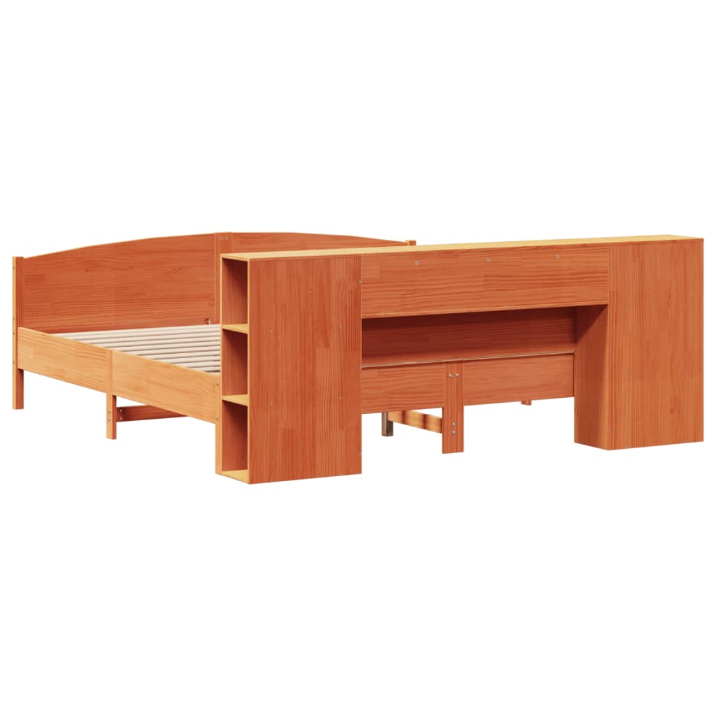 Seng med bokhylle uten madrass voksbrun 200x200 cm heltre furu