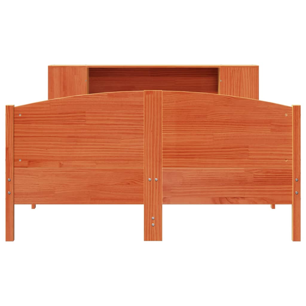 Seng med bokhylle uten madrass voksbrun 140x200 cm heltre furu