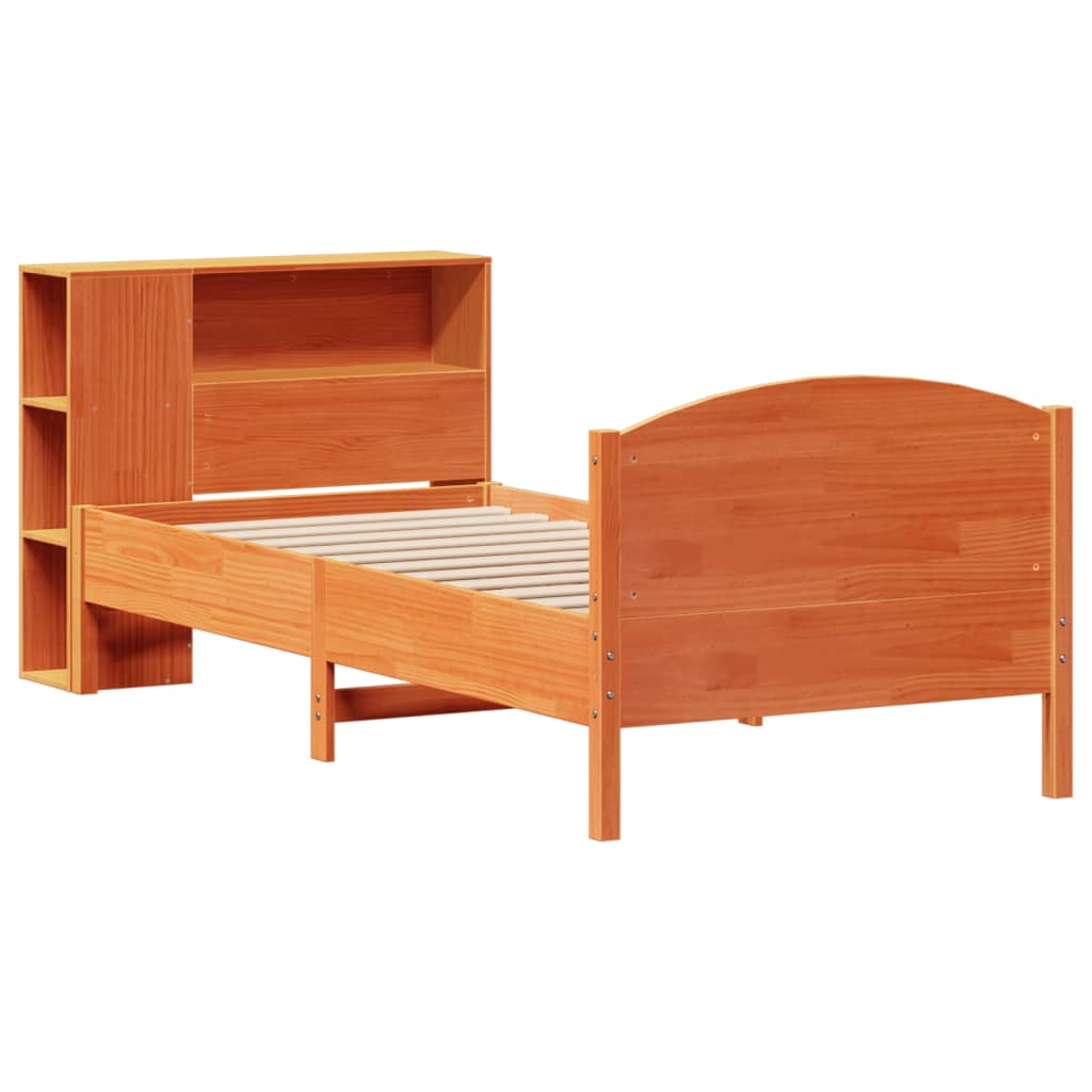 Seng med bokhylle uten madrass voksbrun 100x200 cm heltre furu