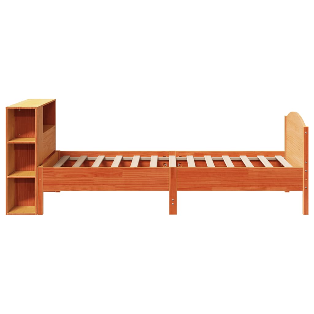 Seng med bokhylle uten madrass voksbrun 100x200 cm heltre furu