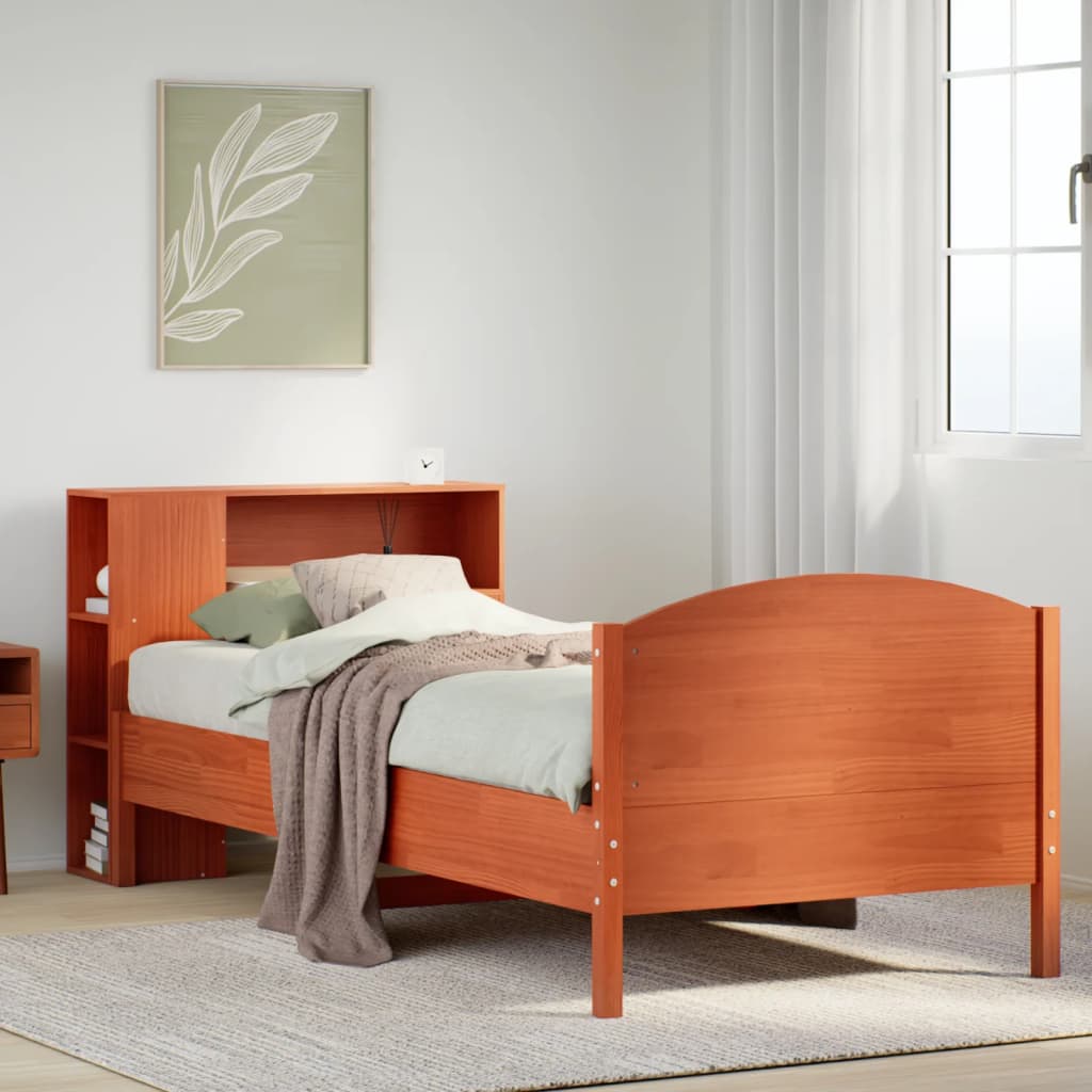 Seng med bokhylle uten madrass voksbrun 100x200 cm heltre furu