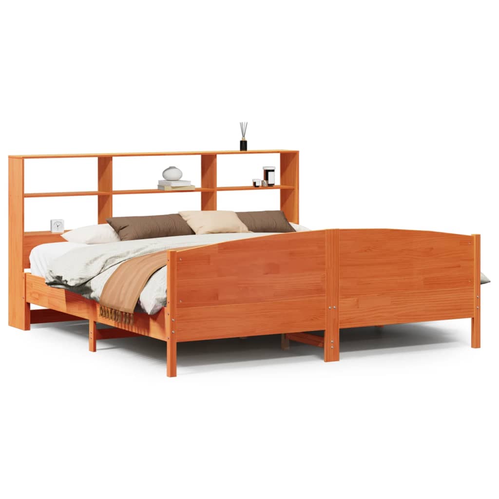Seng med bokhylle uten madrass voksbrun 200x200 cm heltre furu