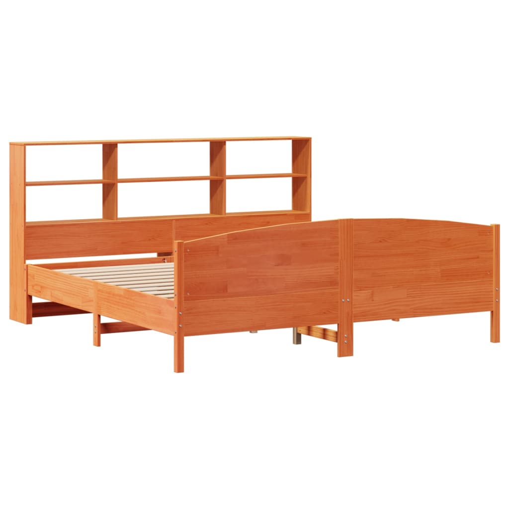 Seng med bokhylle uten madrass voksbrun 200x200 cm heltre furu