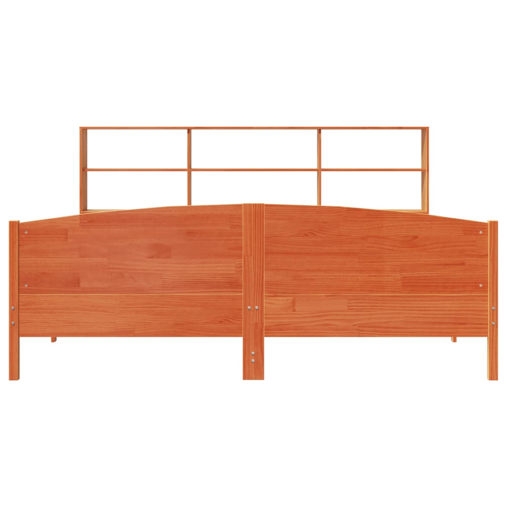 Seng med bokhylle uten madrass voksbrun 200x200 cm heltre furu