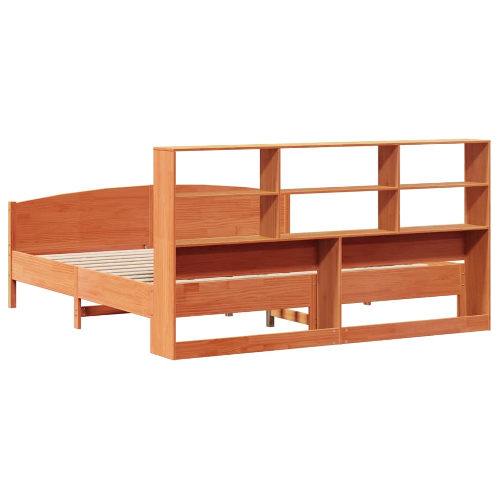 Seng med bokhylle uten madrass voksbrun 200x200 cm heltre furu