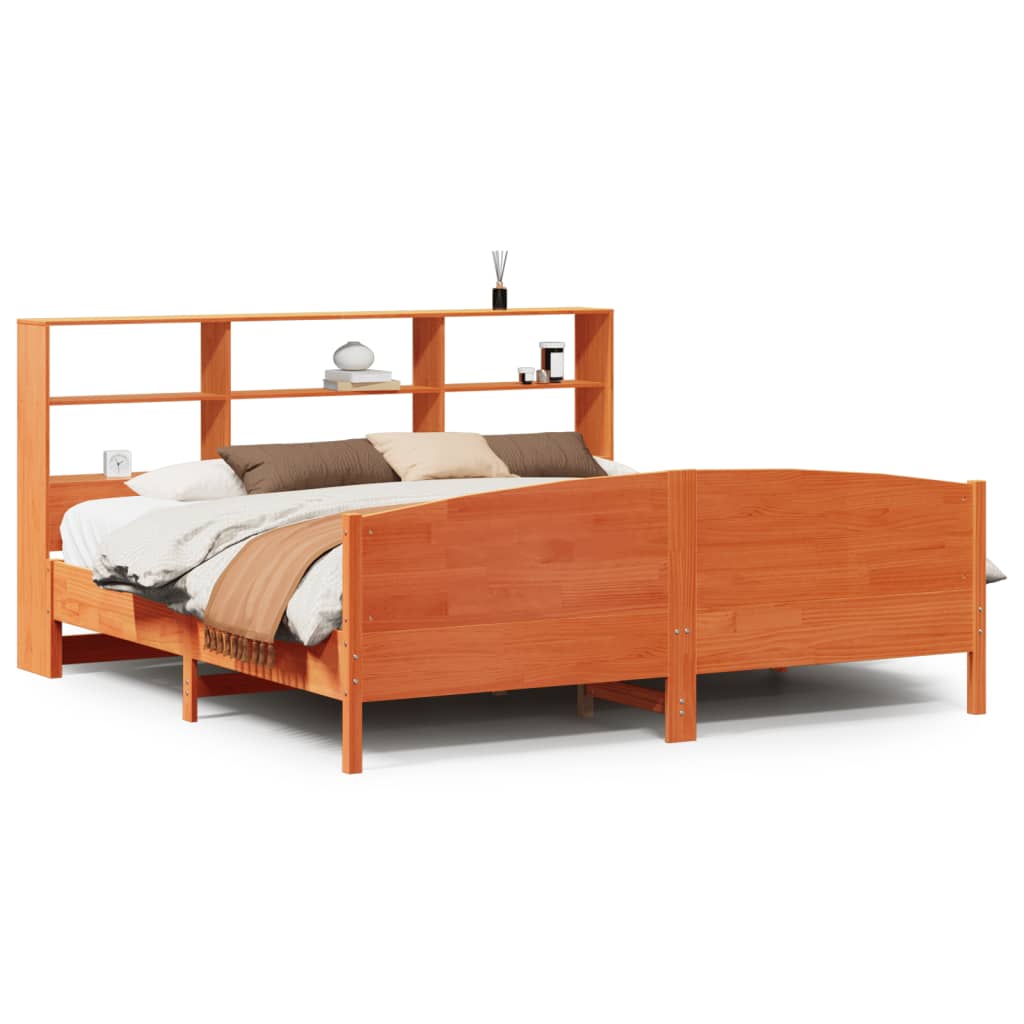Seng med bokhylle uten madrass voksbrun 180x200 cm heltre furu