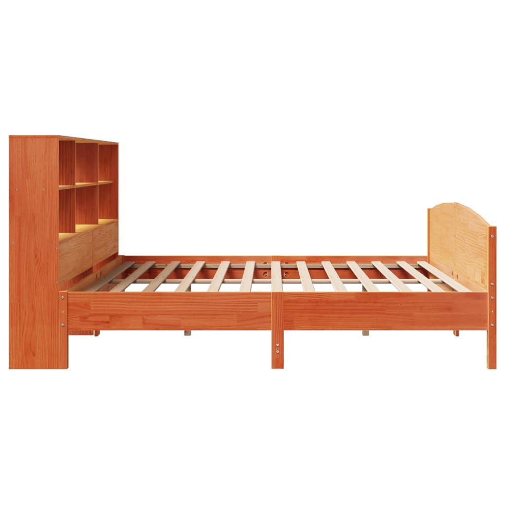 Seng med bokhylle uten madrass voksbrun 180x200 cm heltre furu