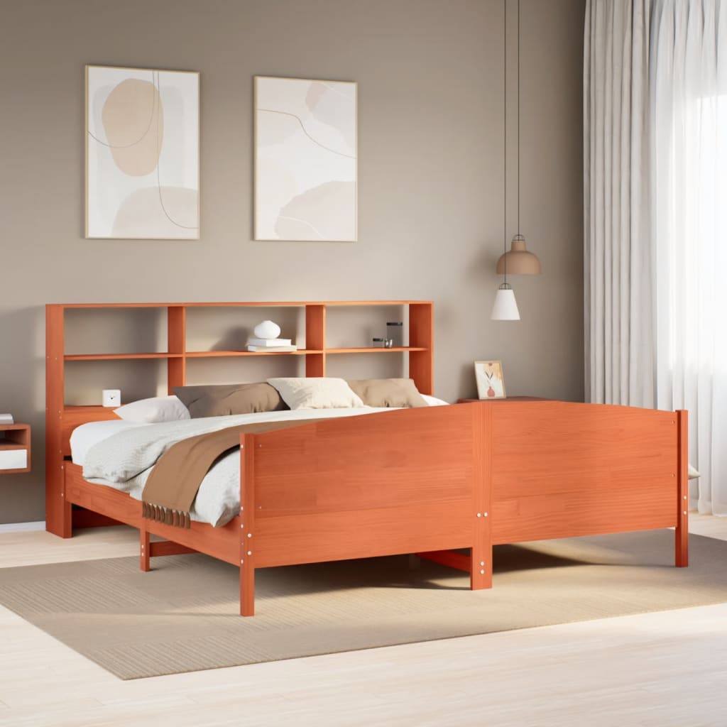 Seng med bokhylle uten madrass voksbrun 180x200 cm heltre furu