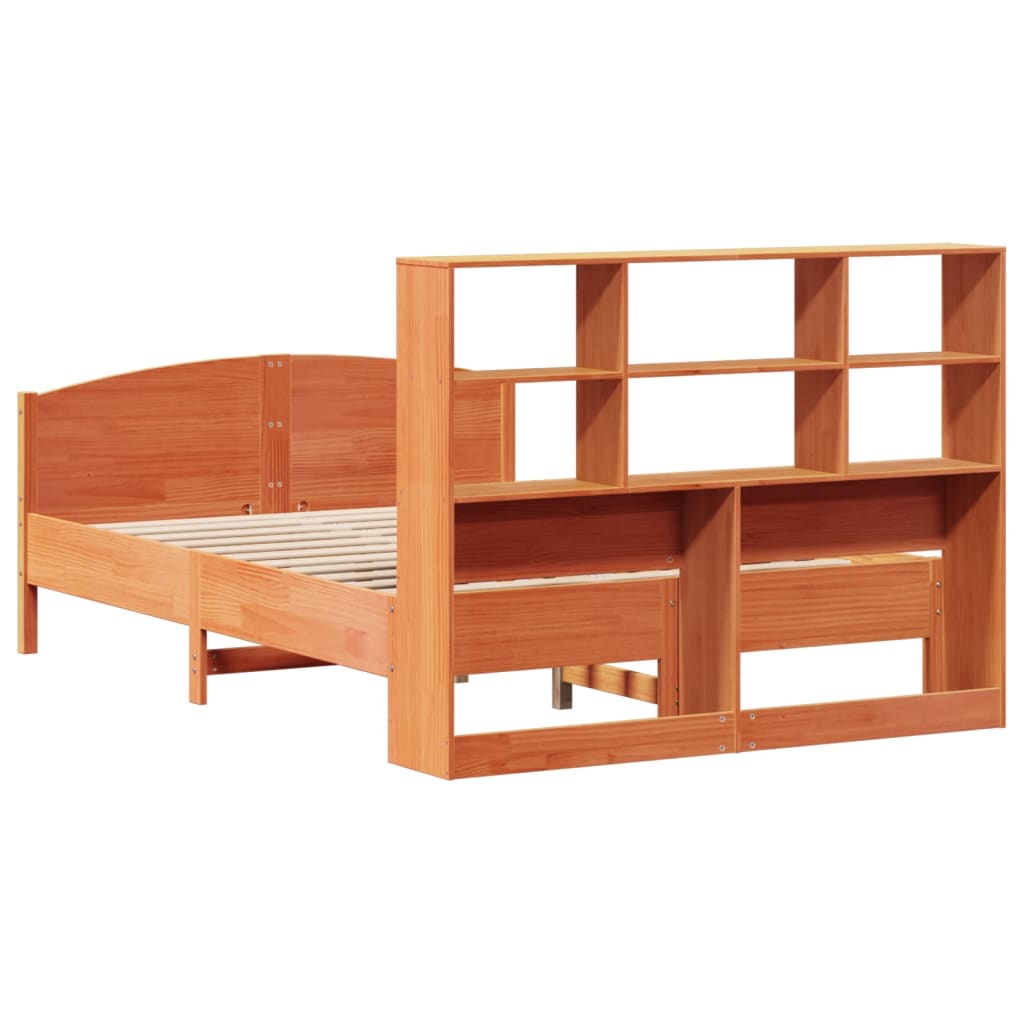 Seng med bokhylle uten madrass voksbrun 160x200 cm heltre furu