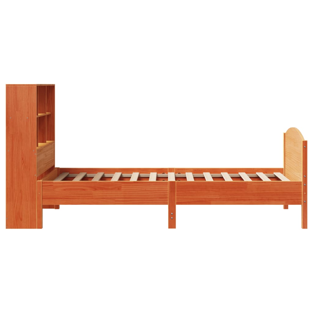 Seng med bokhylle uten madrass voksbrun 100x200 cm heltre furu