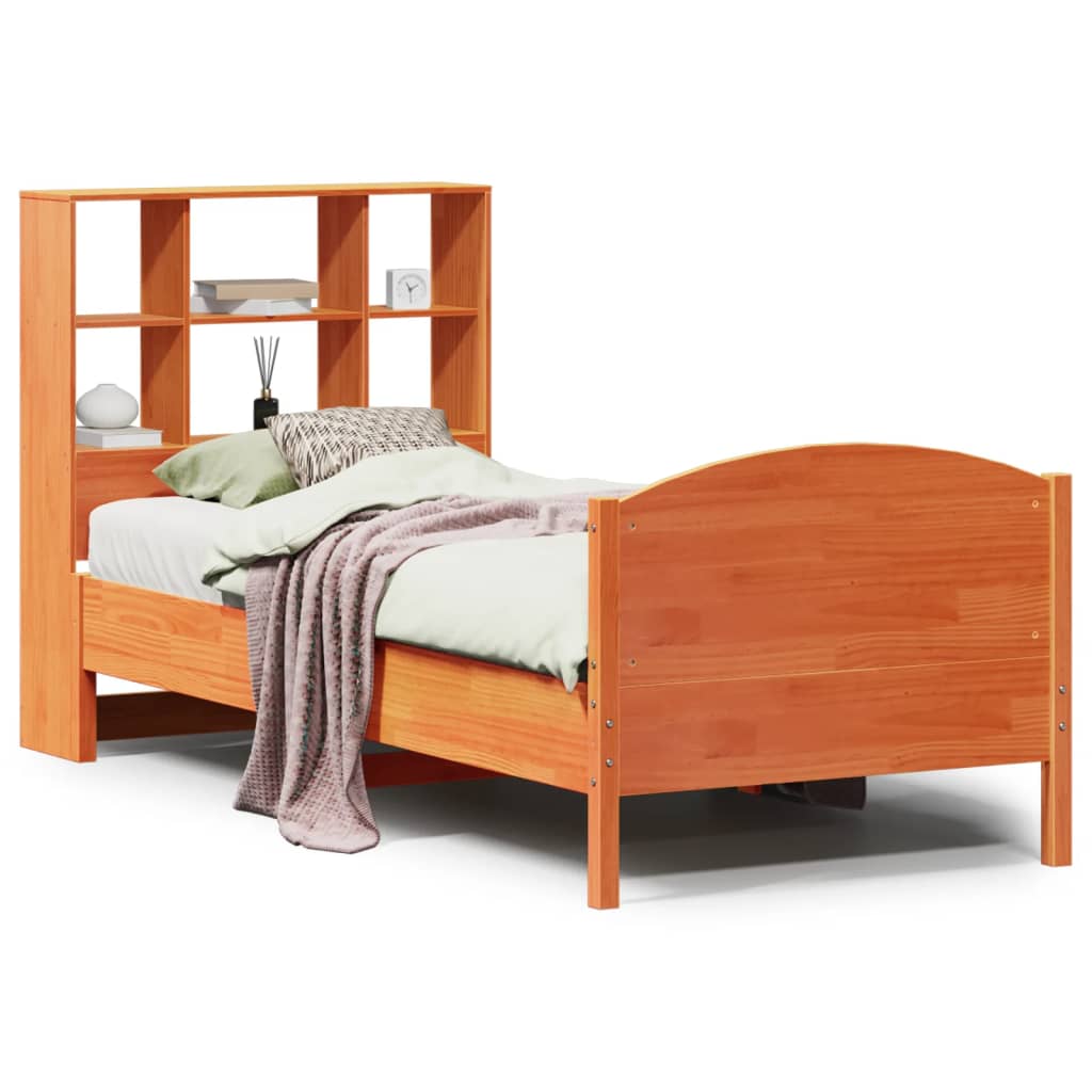 Seng med bokhylle uten madrass voksbrun 75x190 cm heltre furu
