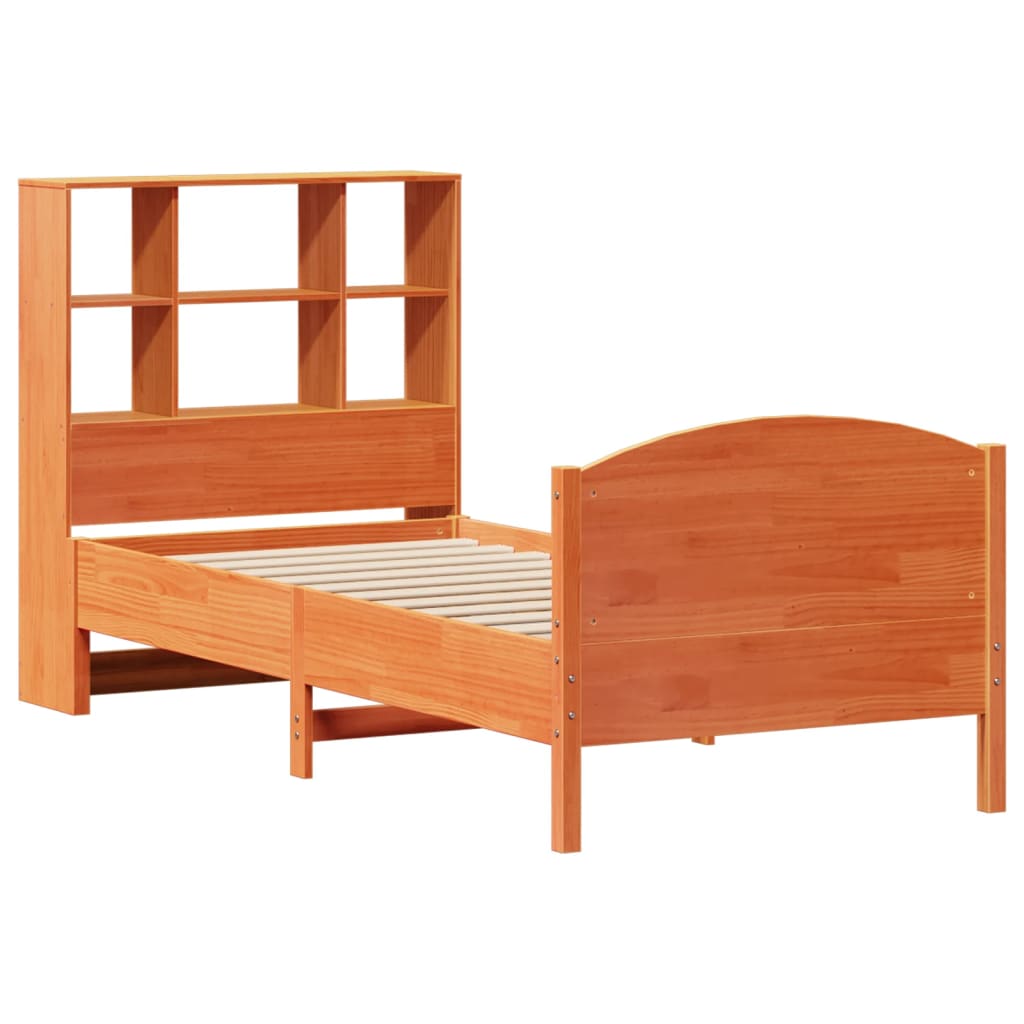 Seng med bokhylle uten madrass voksbrun 75x190 cm heltre furu