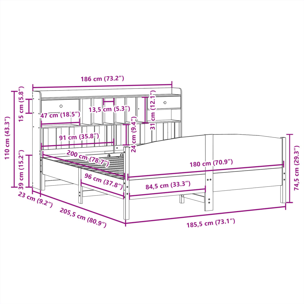 Seng med bokhylle uten madrass 180x200 cm heltre furu