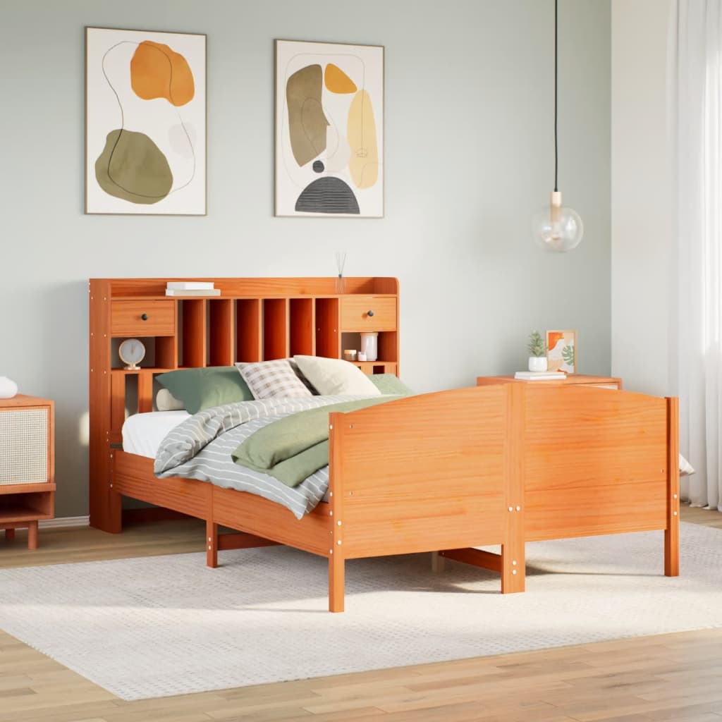 Seng med bokhylle uten madrass voksbrun 150x200 cm heltre furu